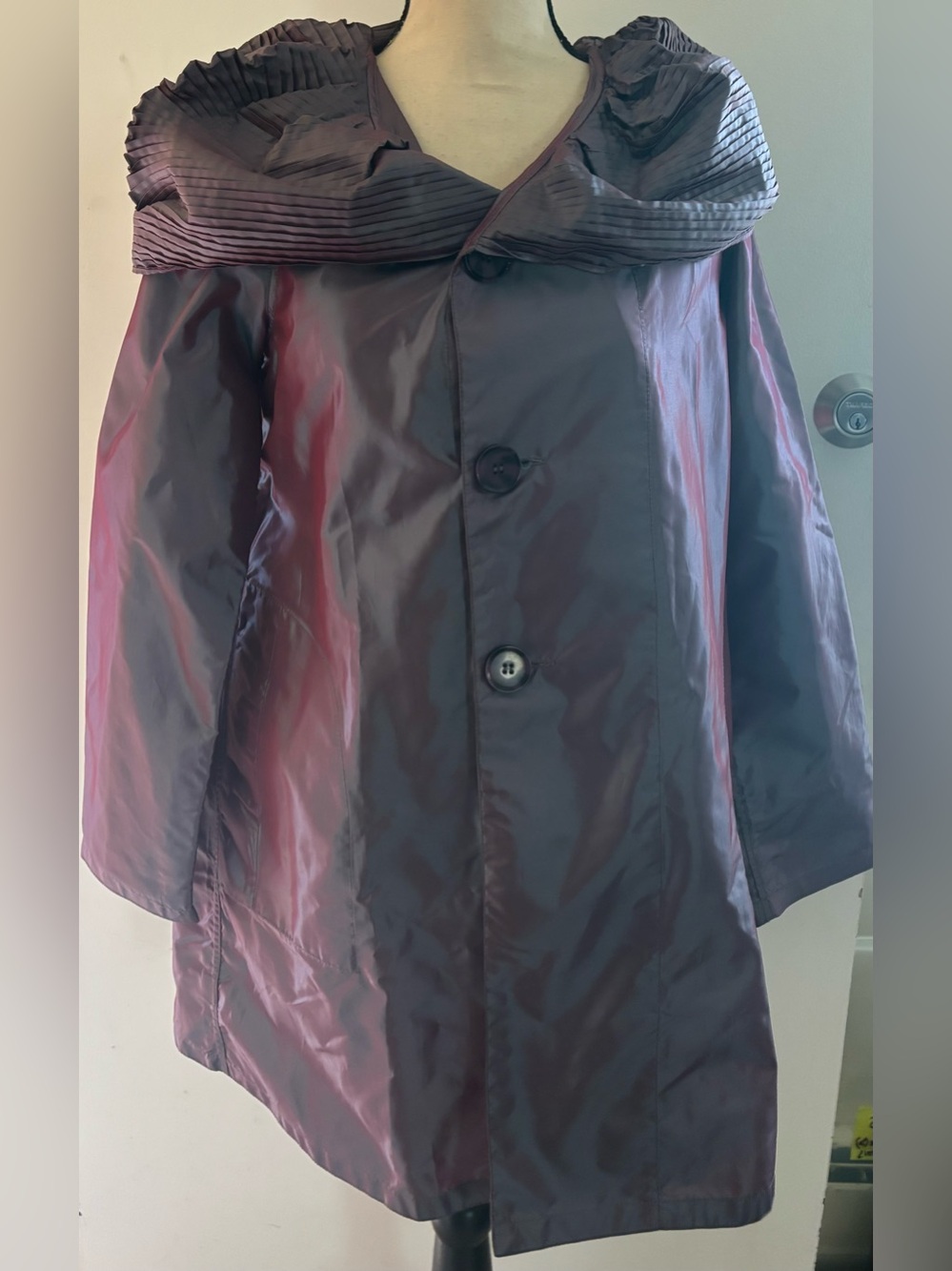 Dennis Basso Vintage Shimmery Purple rain Coat with Pleated Collar